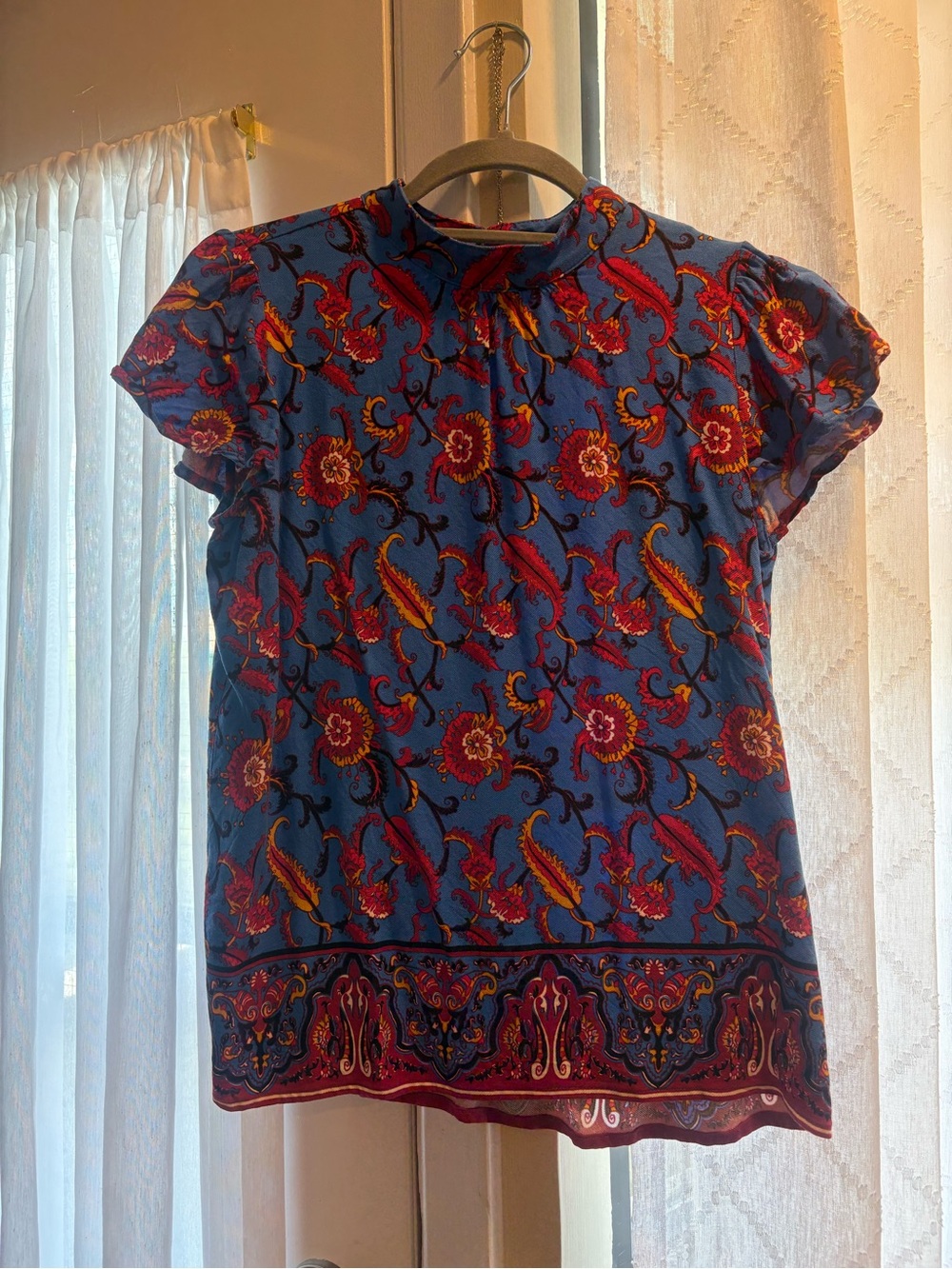 Ann Taylor Blue Short-Sleeve Floral Border Print Blouse